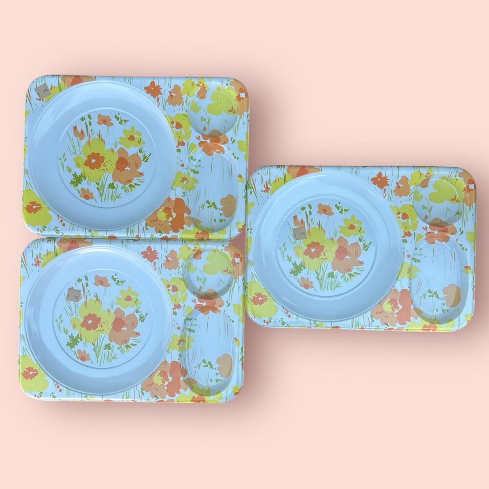 VTG 1970s Divided Plates Trays set of 3 Retro Orange Yellow Flowers MCM Dinner